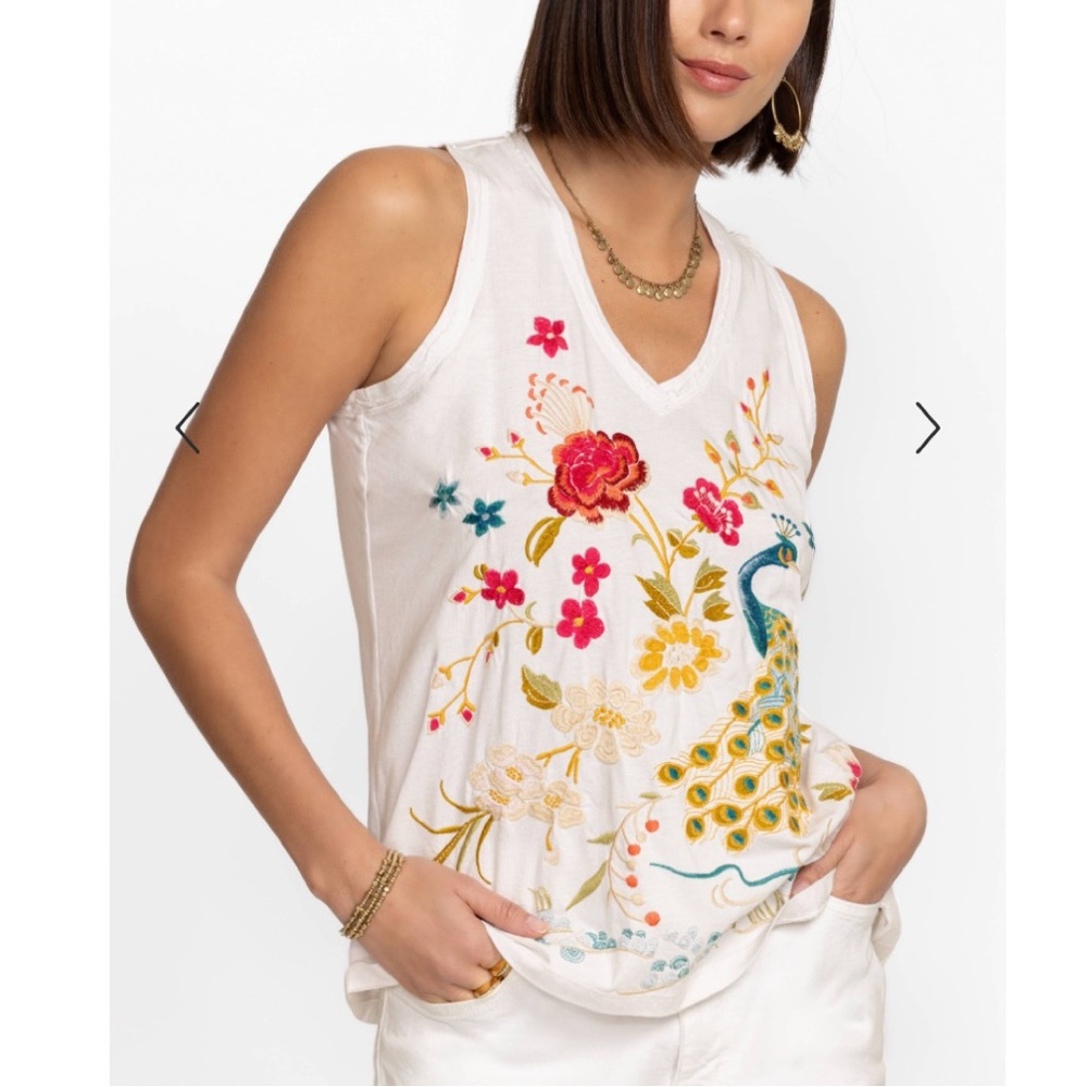 Johnny Was Womens Celine Raw Hem Embroidered Peacock Tank Top